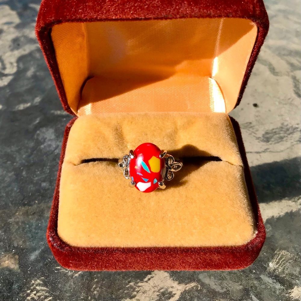 Red Coral Ring with Silver Toned Setting & Band - Picture 1 of 7
